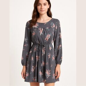 Dazzlin Japanese Brand Gray Floral Pleated Long Sleeve Dress